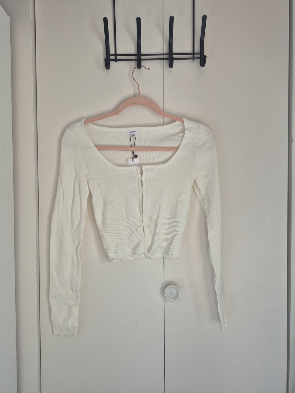 Garage White Ribbed Scoop Neck Cropped Cardigan